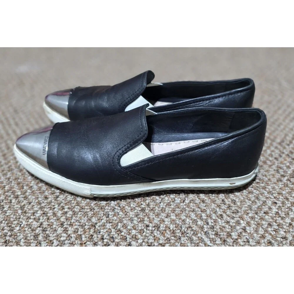 Miu Miu Loafers Women's 36.5 Black Leather Silver Toe Cap Slip On Luxury Shoes - Picture 3 of 9